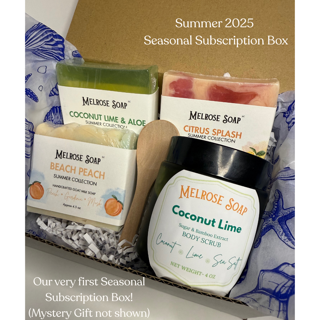 Summer 2025 Seasonal Subscription Box from Melrose Soap with Coconut Lime, Citrus Splash & Beach Peach soaps plus a Coconut Lime body scrub.