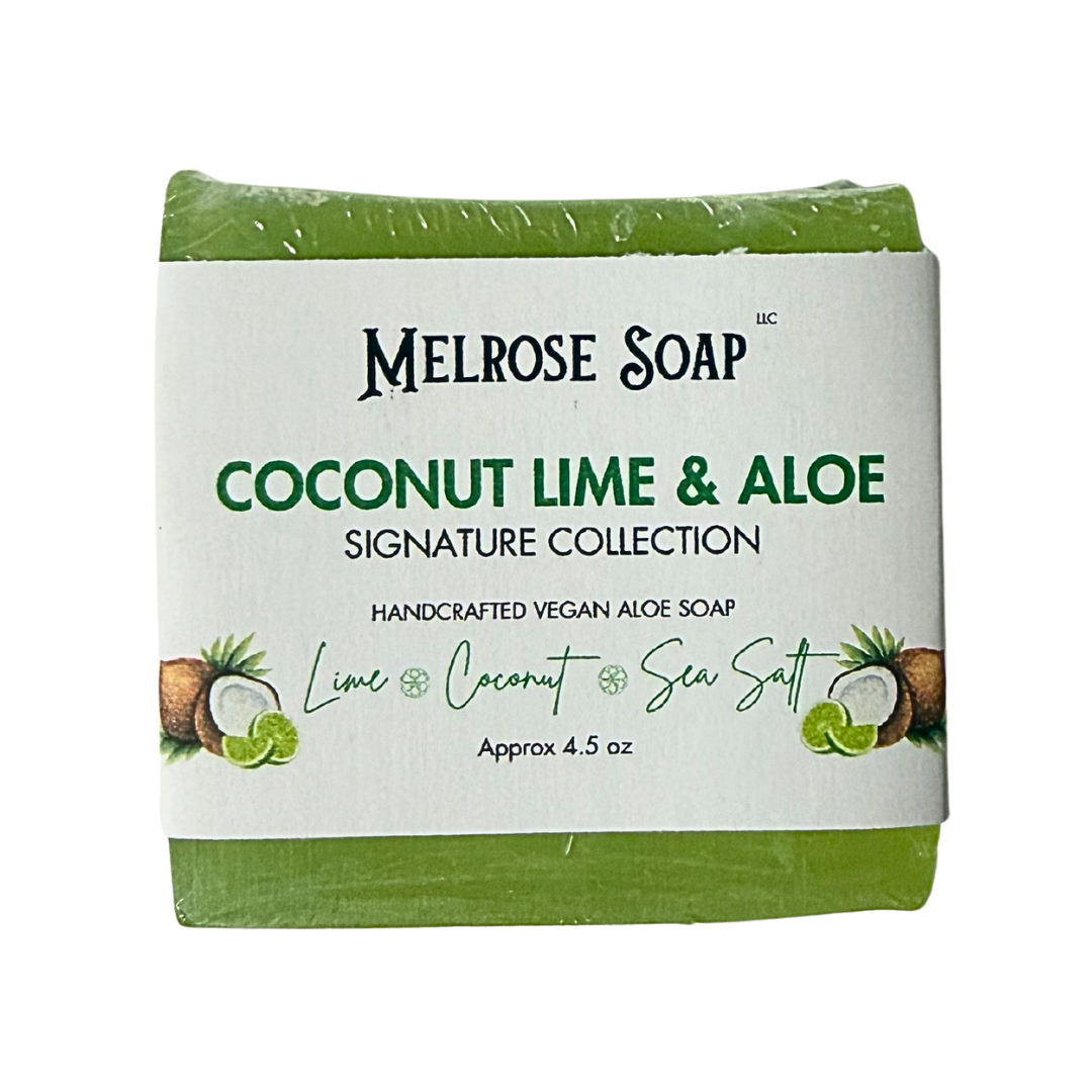 Melrose Soap bar with coconut lime & aloe scent on a white background