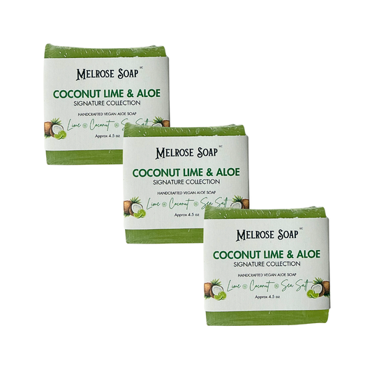 Three bars of Melrose Soap Coconut Lime & Aloe Signature Collection soap arranged diagonally on a plain white background.