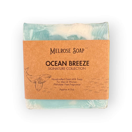 Handcrafted Ocean Breeze Goat Milk soap bar with notes of fresh sea salt, and sandalwood, with soothing blue hues