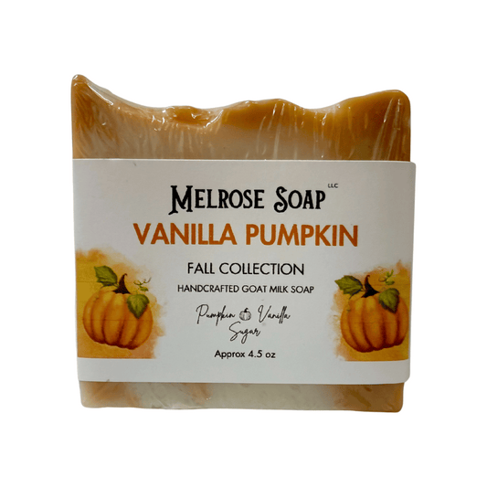 Vanilla Pumpkin handcrafted and moisturizing goat milk soap bar from Melrose Soap Fall Collection. Scented with pumpkin and vanilla sugar phthalate-free fragrance, approx. 4.5 oz.