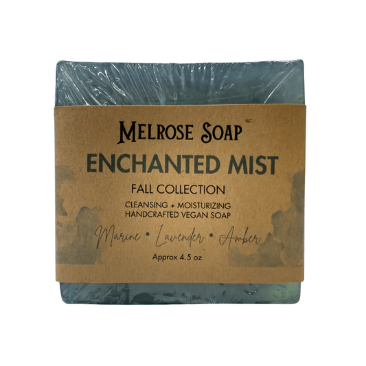 Enchanted Mist handcrafted vegan soap bar from Melrose Soap Fall Collection, labeled with marine, lavender, and amber scent, approx. 4.5 oz.