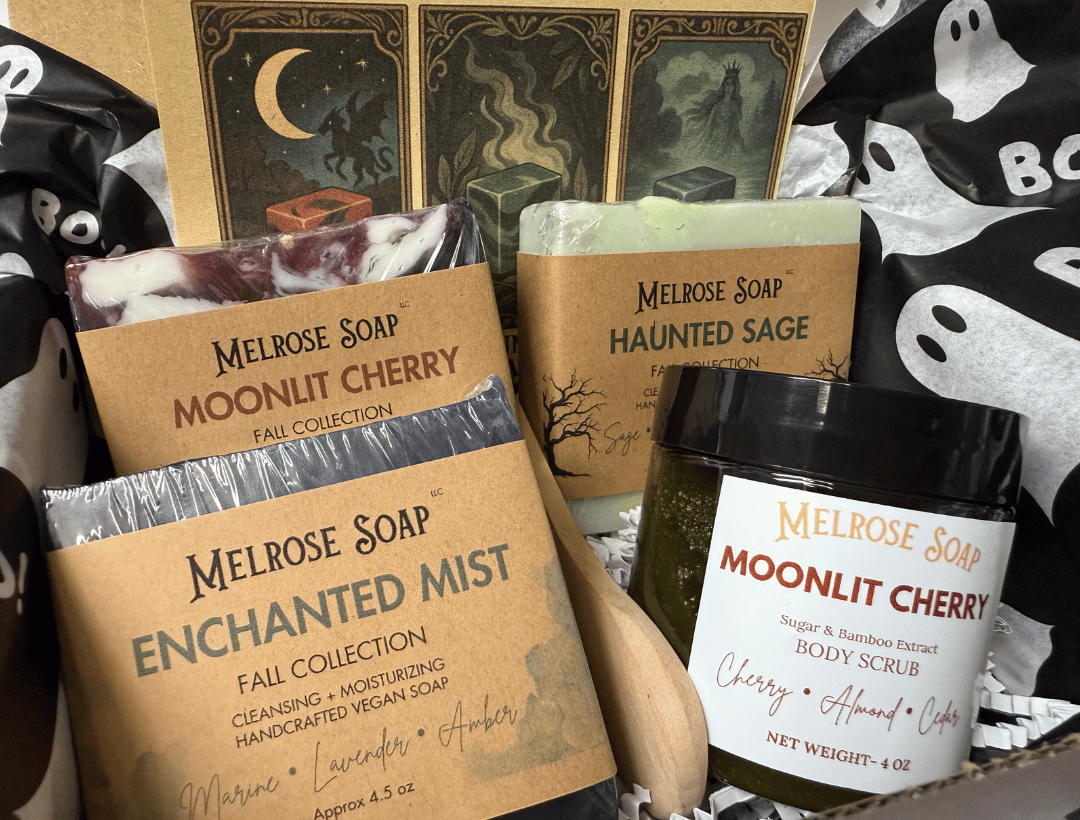 Fall Seasonal Subscription Box from Melrose Soap featuring Moonlit Cherry, Haunted Sage, Enchanted Mist soaps and a Moonlit Cherry body scrub.