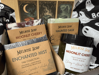 Fall Seasonal Subscription Box from Melrose Soap featuring Moonlit Cherry, Haunted Sage, Enchanted Mist soaps and a Moonlit Cherry body scrub.