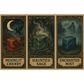 Tarot-style artwork of Melrose Soap Fall Collection — Moonlit Cherry, Haunted Sage, and Enchanted Mist goat milk soap bars.