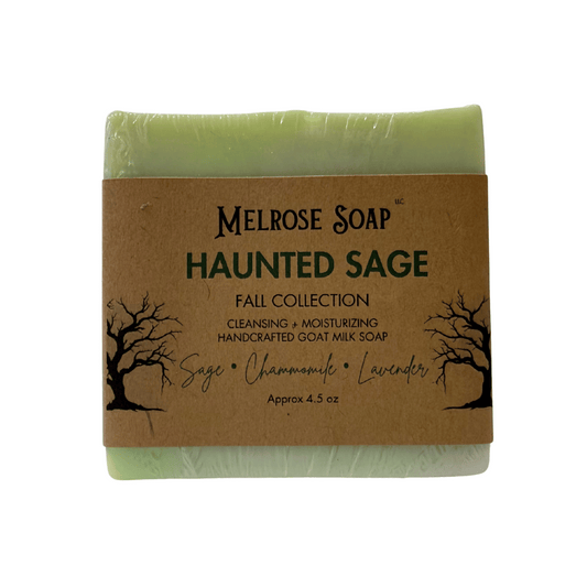 Haunted Sage handcrafted goat milk soap bar from Melrose Soap Fall Collection, labeled with sage, chamomile, and lavender scent, approx. 4.5 oz.